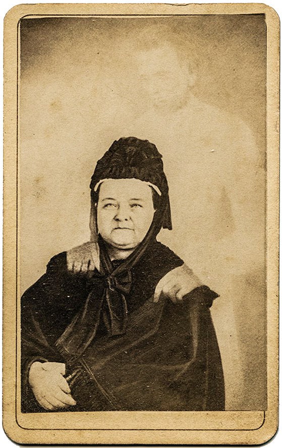 An 1872 portrait of Mary Lincoln with a superimposed image the alleged ghost of Abraham Lincoln
