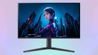 Acer Predator X27U F5 gaming monitor with cyber woman graphic on display on purple pulse color background