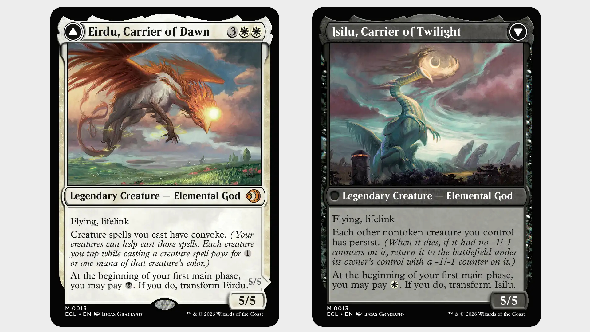 Two cards (Eridu, Carrier of Dawn and Isilu, Carrier of Twilight) displayed against a plain background, side-by-side