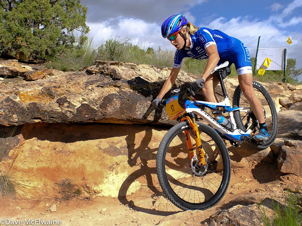 Maghalie Rochette (Luna Pro Team) getting well behind her saddle on a technical descent