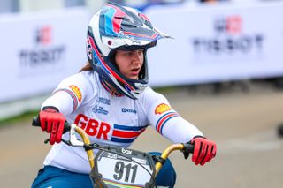 ROCK HILL, SC - MAY 18: Bethany Shriever of Great Britain warms up before the Women's Elite Quarterfinal UCI BMX Racing World Championships at the Rock Hill BMX Supercross Track on May 18, 2024 in Rock Hill, SC.