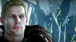 Cullen from Dragon Age: Inquisition stares at the player amidst a snow-cloaked backdrop.