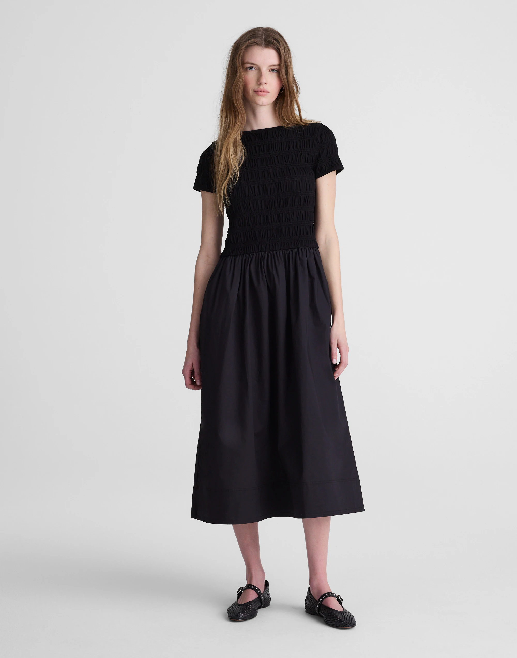 Smocked Boatneck Midi Dress