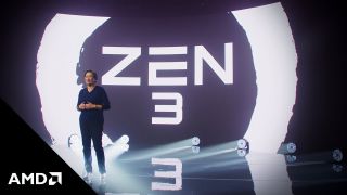 AMD CEO Lisa Su in front of Zen 3 logo 