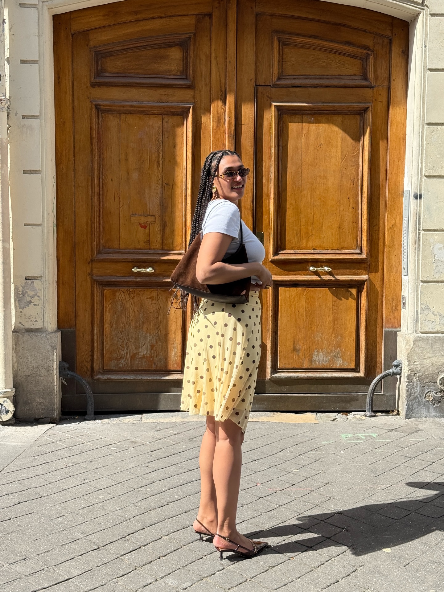 lenafarl wears White Tee + Printed Skirt + Kitten Heels