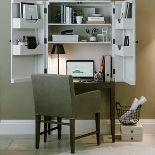 white wall hung home office with chair