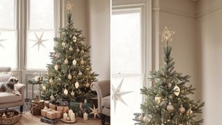 neutral living room with Christmas tree with light up star Christmas tree topper idea