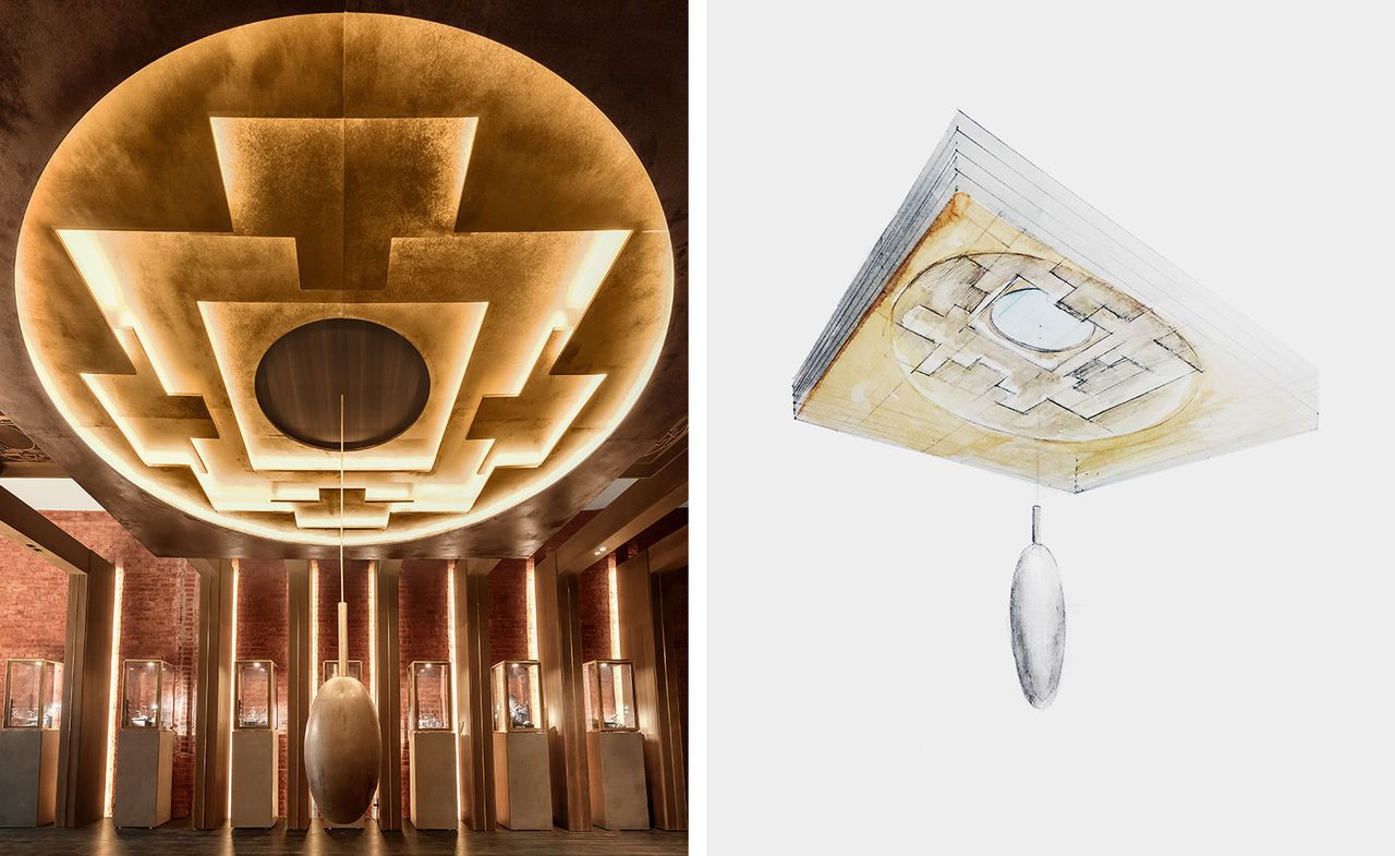 Left, the 3m-diameter Mandala ceiling, in materials including smoked oak and brass, installed in the New York store. Right, a sketch of the piece.