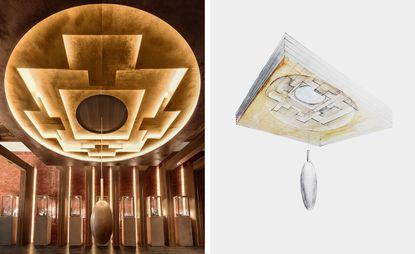 Left, the 3m-diameter Mandala ceiling, in materials including smoked oak and brass, installed in the New York store. Right, a sketch of the piece.