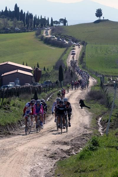 A break rolls off the front of the peloton.