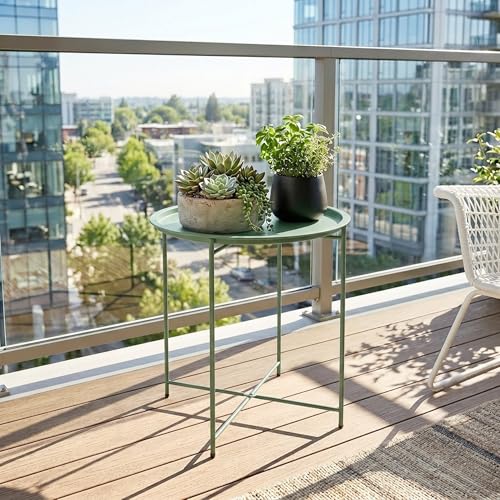 Outsunny Round Small Garden Table With Removable Tray and Folding Legs, Metal Garden Side Table, Indoor Outdoor Coffee Table End Table for Patio, Balcony, Porch, 46 X 46 X 53 Cm, Green
