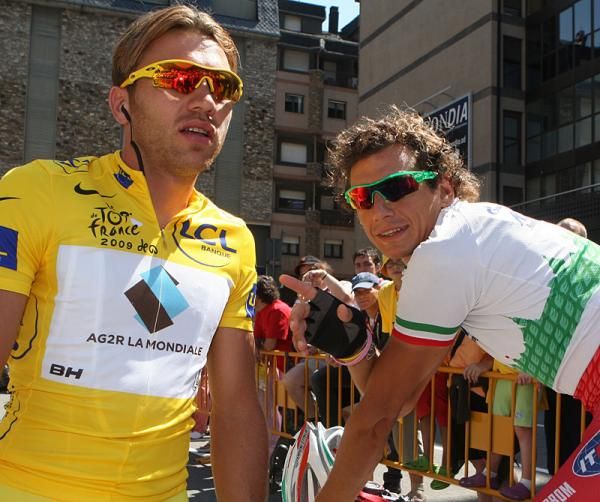 Tour de France race leader Rinaldo Nocentini (AG2R La Mondiale) and Italian champion Filippo Pozzato (Katusha)