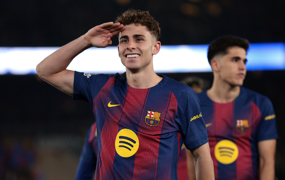Fermin Lopez of FC Barcelona celebrates scoring his team's fourth goal during the UEFA Champions League 2025/26 Round of 16 Second Leg match between FC Barcelona and Newcastle United FC at Camp Nou on March 18, 2026 in Barcelona, Spain. 