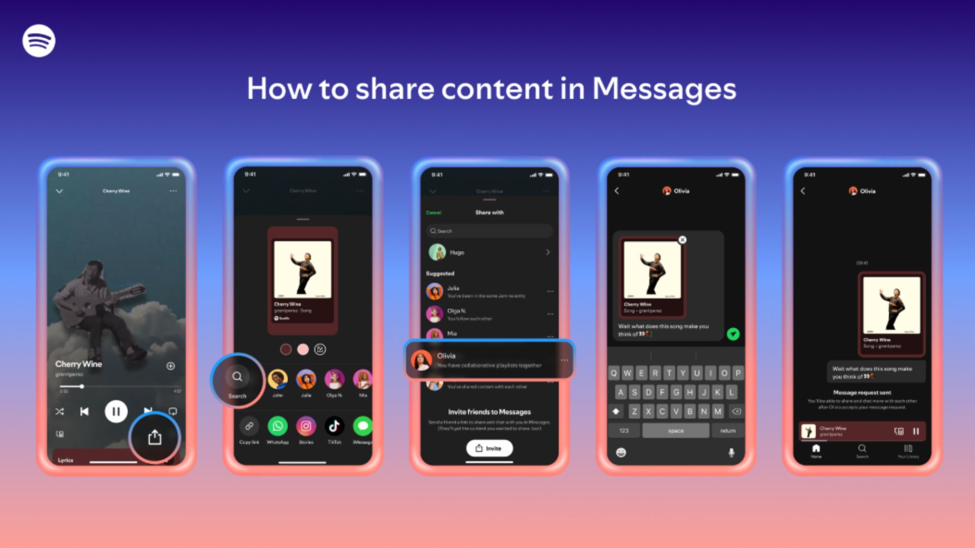 an image of picture instructions on how to message in app in the new spotify update
