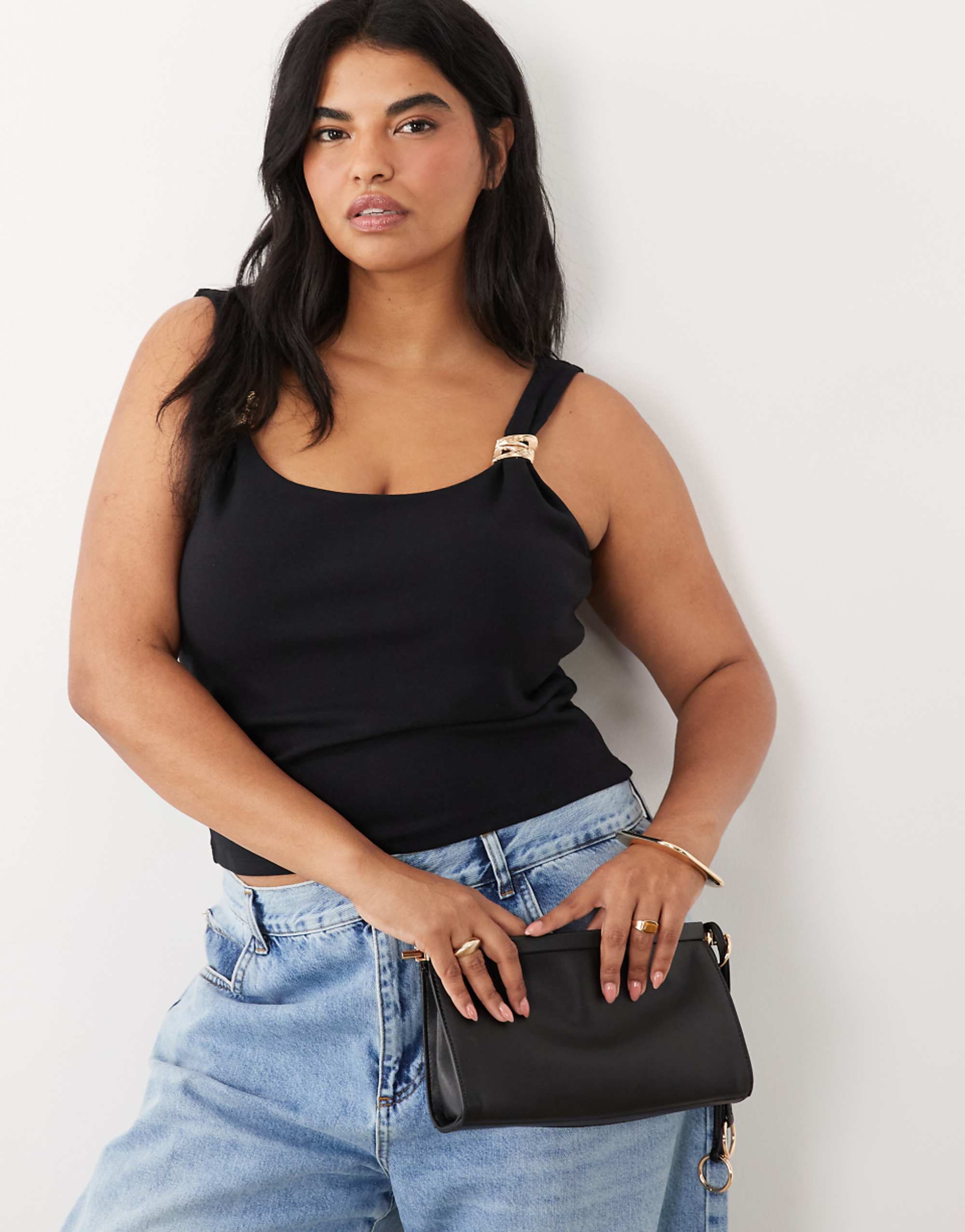 Asos Design Curve Compact Cotton Tank Top With Gold Trim in Black