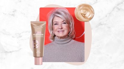 Martha Stewart is pictured at the 41st Annual FGI Night of Stars Gala at The Rainbow Room on October 20, 2025, in New York City/ in a grey and white marbled template alongside a product shot of the L'Oreal Paris Lumi Glotion and a bronzy, highlighter makeup swatch.