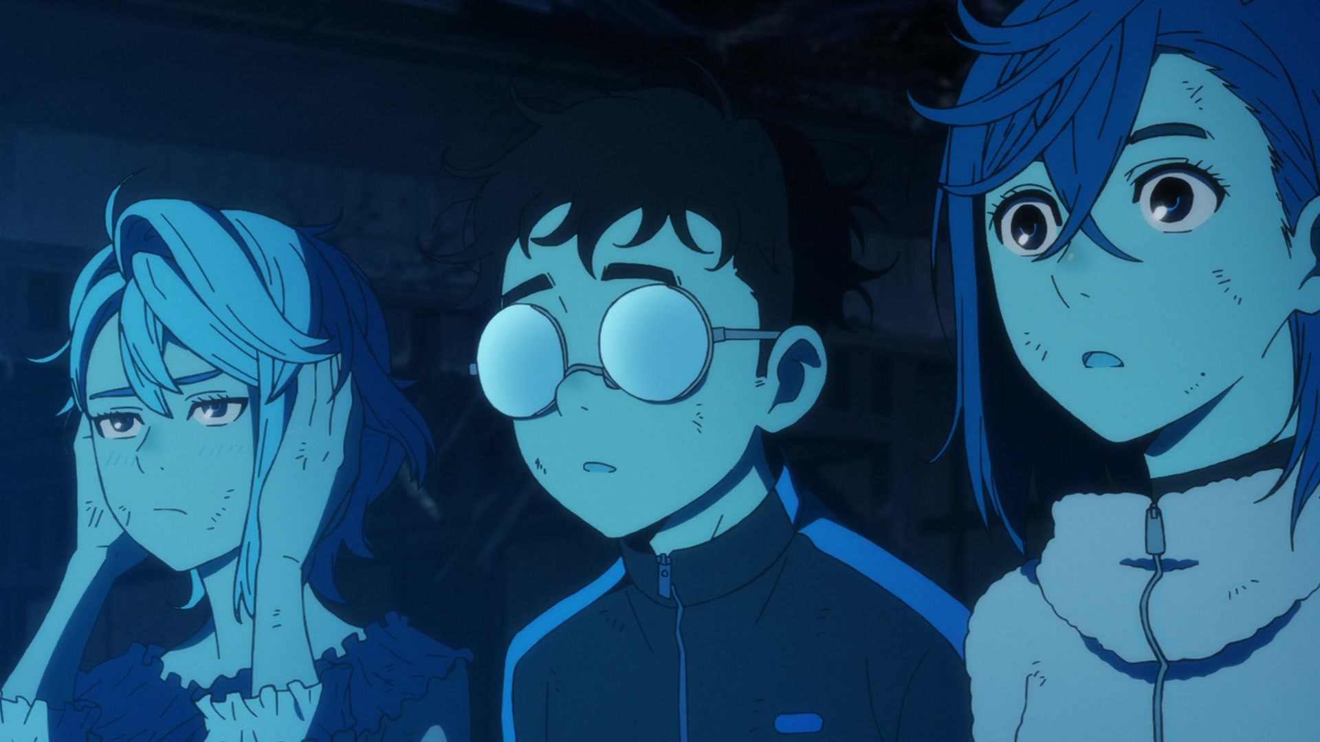 Dan Da Dan season 3: three kids standing together in blue light during Dan Da Dan season 2