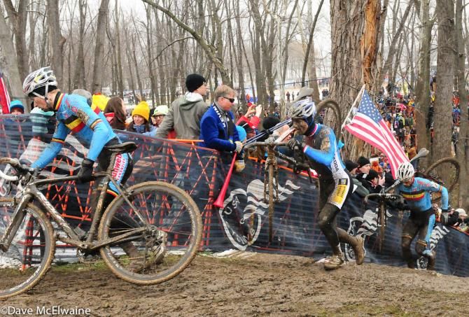 Riders at the limestone steps on lap three