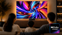 An image of a family watching a colourful swirl on TV with a Dolby Vision 2 logo in the bottom right corner