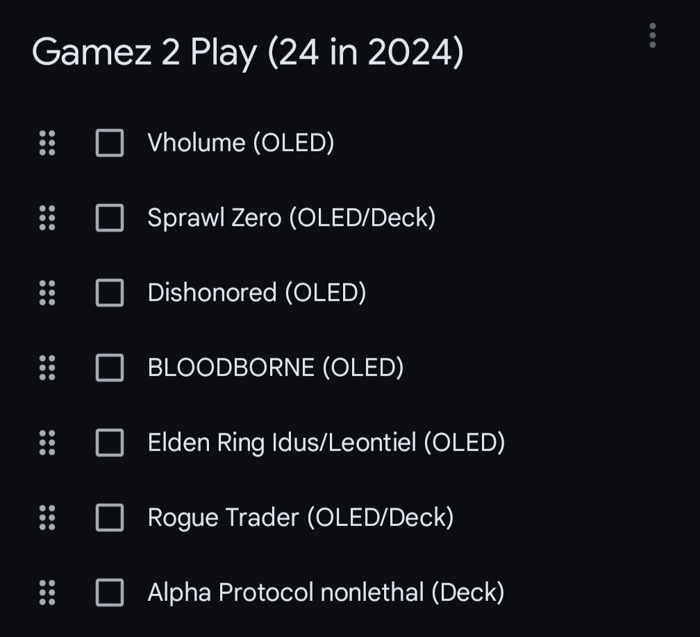 Notes app list of "Gamez 2 Play" including Vholume, Sprawl Zero, and Dishonored