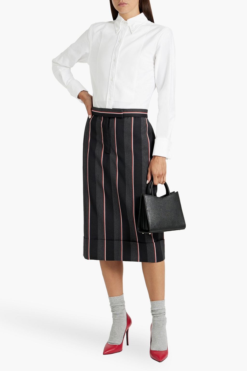 Cotton Oxford, Piqu&amp;eacute; and Striped Wool-Blend Midi Shirt Dress