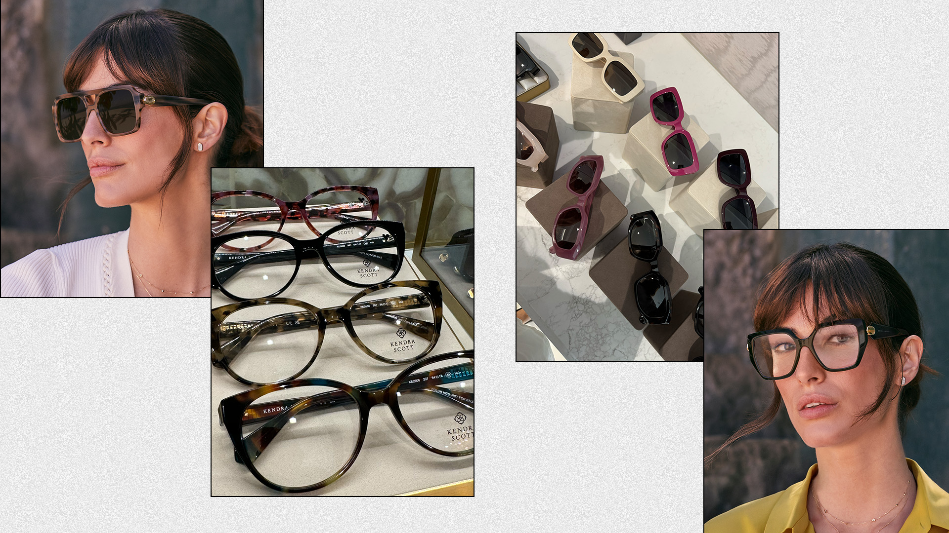 A collage of kendra scott&#039;s new eyewear collection.