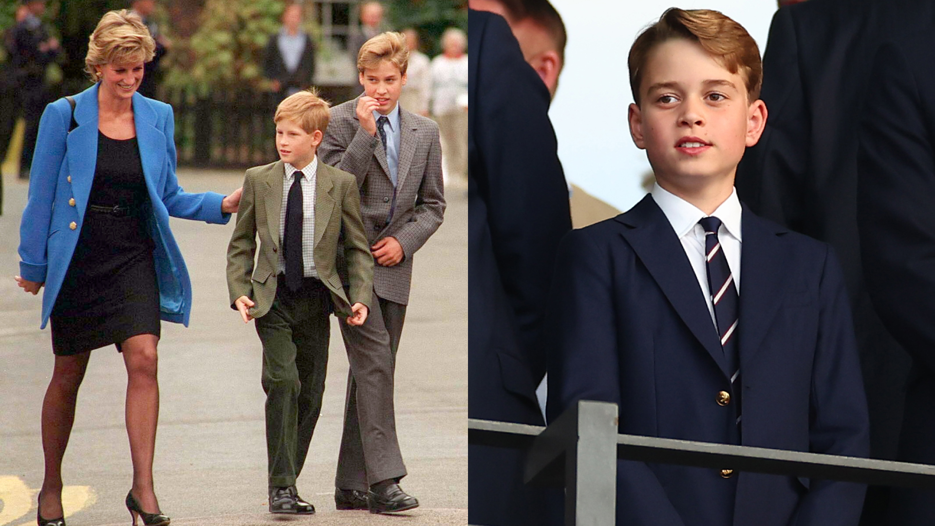 Princess Diana walking with Prince Harry and Prince William next to a photo of Prince George in a suit and tie