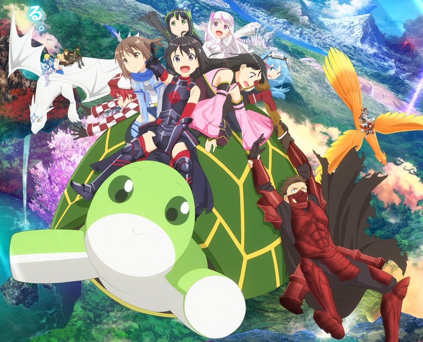 the cast of Bofuri riding a giant turtle into the sky
