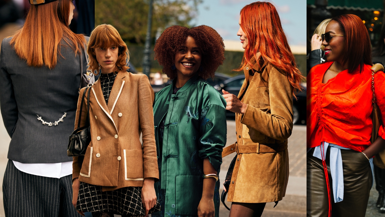 five women wearing jackets with red hair