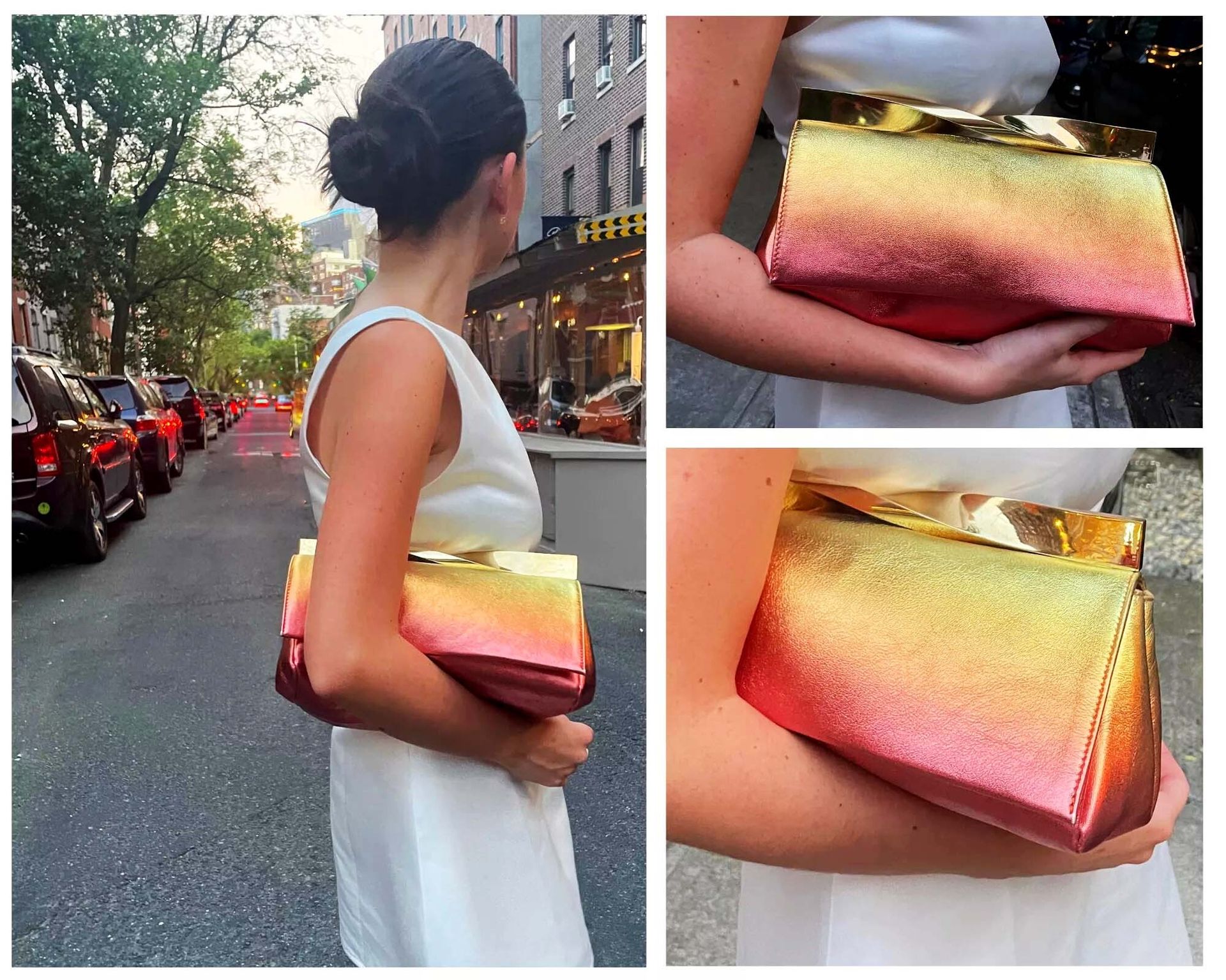 Emma Childs holding Aquazarra's Twist Clutch in Sunrise in New York City.