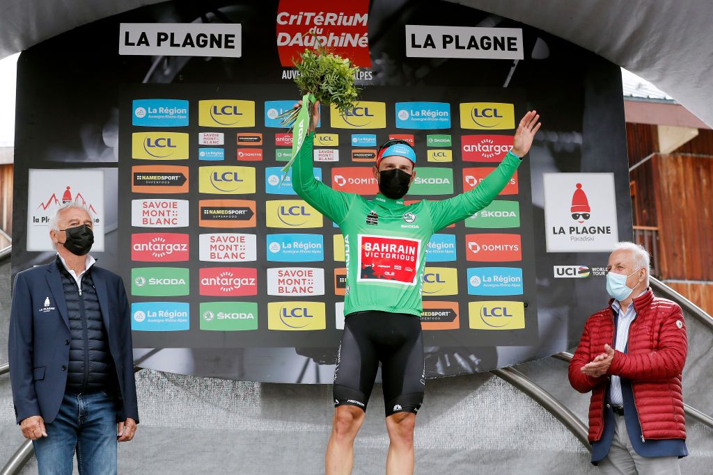 LA PLAGNE FRANCE JUNE 05 Sonny Colbrelli of Italy and Team Bahrain Victorious Green Points Jersey celebrates at podium during the 73rd Critrium du Dauphin 2021 Stage 7 a 1715km stage from SaintMartinLeVinoux to La Plagne 2072m UCIworldtour Dauphin dauphine on June 05 2021 in La Plagne France Photo by Bas CzerwinskiGetty Images