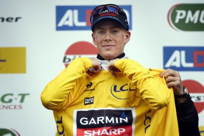 Andrew Talansky (Garmin-Sharp) dons the leader's jersey in Paris-Nice
