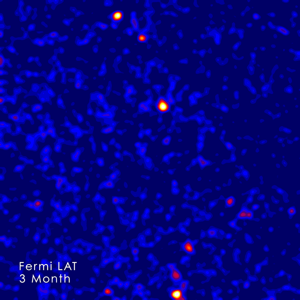 The Fermi telescope's view of gamma-ray radiation across the sky from the first three months and seven years of measurements. The extragalactic gamma-ray background, shown in blue, has been almost completely explained by extragalactic sources like blazars (red and white).