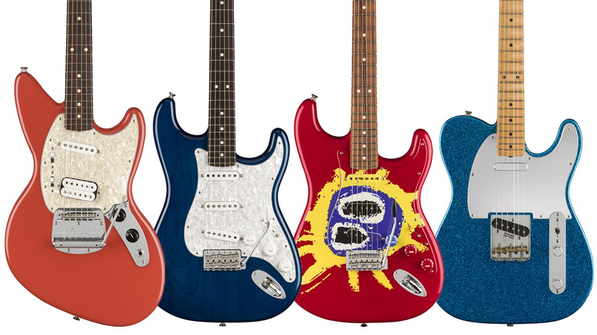 (From left) Fender&#039;s new Kurt Cobain signature Jag-Stang, Cory Wong signature Stratocaster, Screamadelica 30th anniversary Stratocaster, and J Mascis signature Telecaster