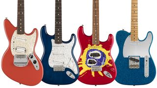 (From left) Fender's new Kurt Cobain signature Jag-Stang, Cory Wong signature Stratocaster, Screamadelica 30th anniversary Stratocaster, and J Mascis signature Telecaster