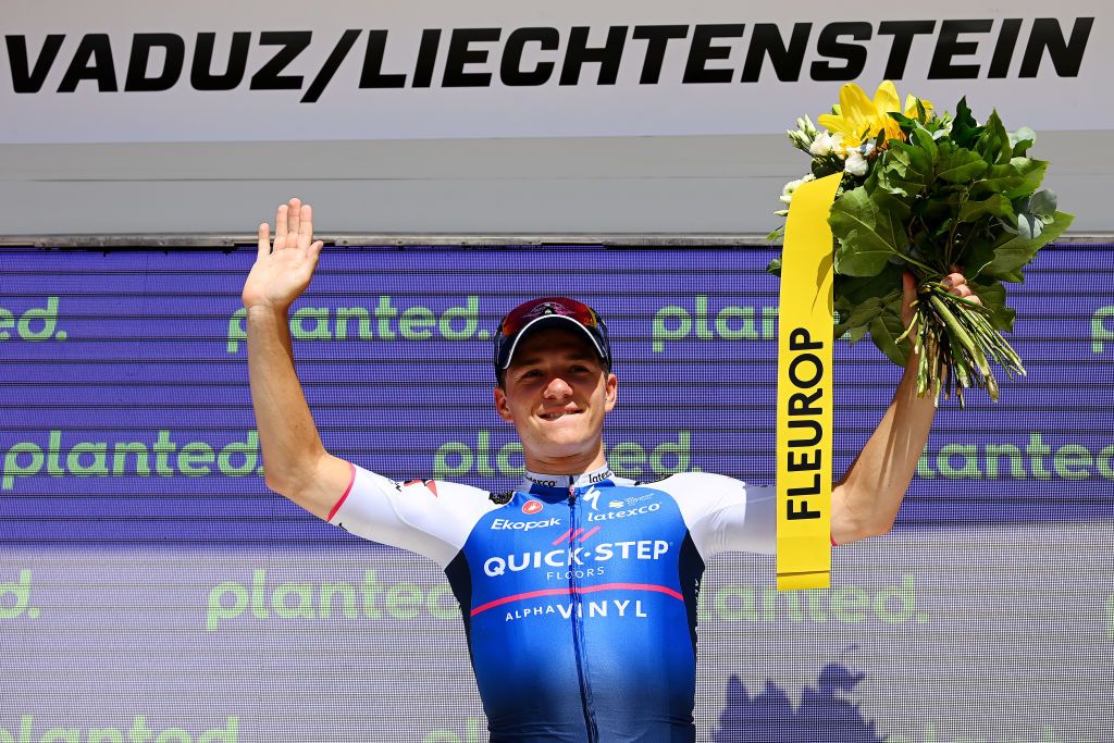 Remco Evenepoel (QuickStep-AlphaVinyl) celebrates victory on stage 8 time trial 