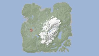 Sons of the Forest rope gun location - map with a red spot indicating the rop gun cave halfway between the mountain and the west coast.