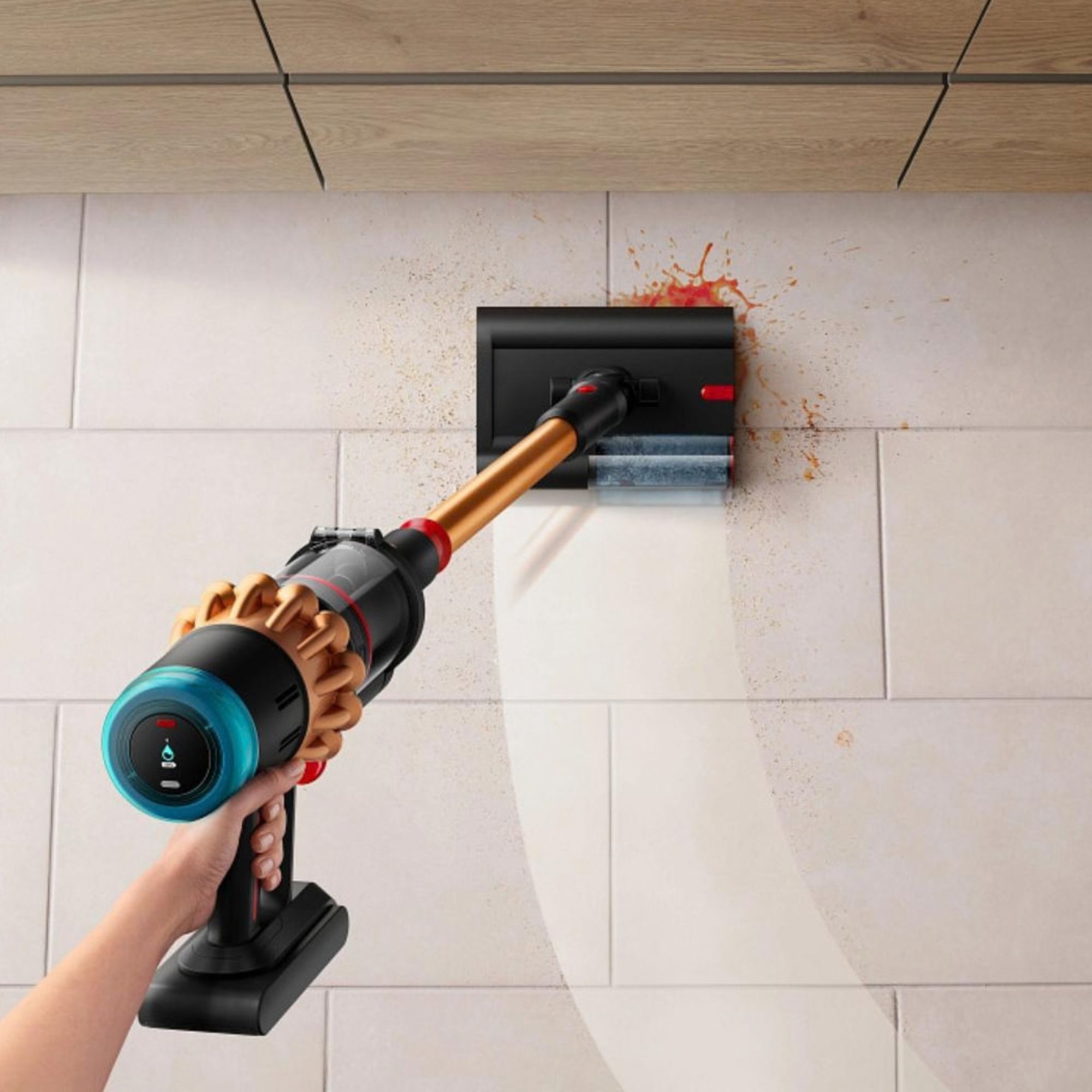Dyson V16 Piston with wet floor head cleaning hard flooring with dry and wet debris on it