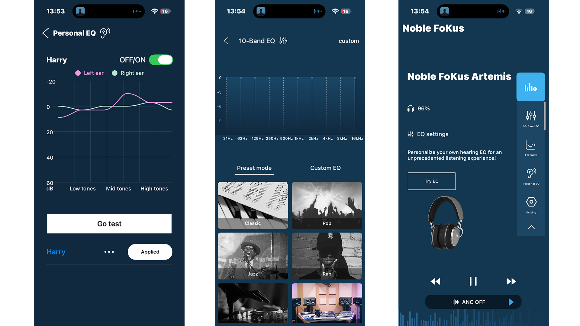 Noble Fokus Artemis over-ear headphones app on three smartphone screens