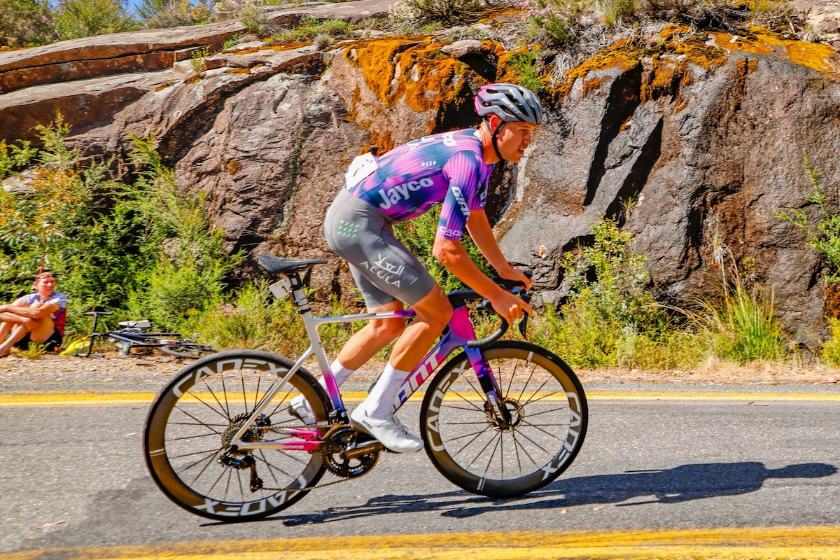 Luke Plapp (Jayco-AlUla) flying up Mt Buffalo on stage 3 of the Tour of Bright 2025