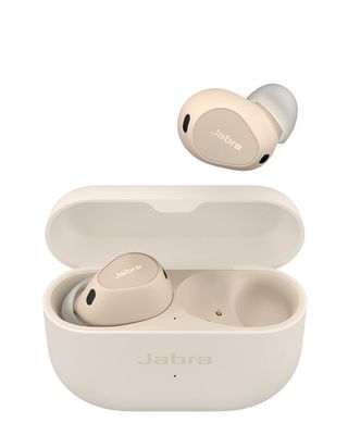 Jabra Elite 10 wireless earbuds in cream render.