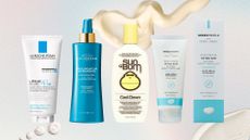 best aftersun lotions from La Roche-Posay, Institut Esthederm, SunBum and Green People on a pastel background with product swatches