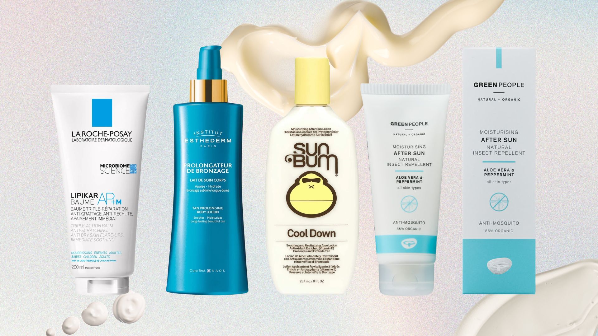 best aftersun lotions from La Roche-Posay, Institut Esthederm, SunBum and Green People on a pastel background with product swatches