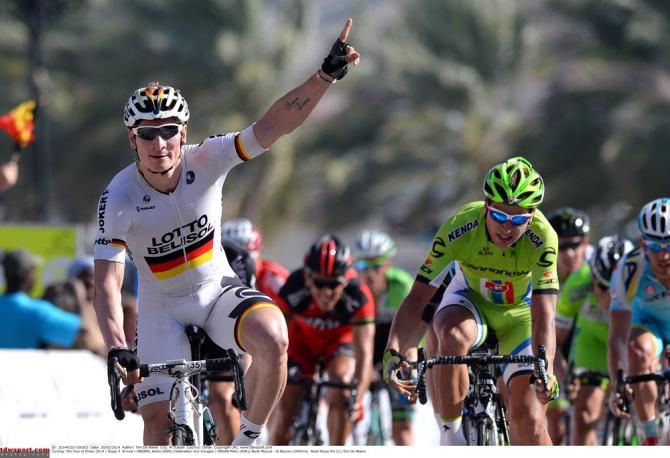 Andre Greipel (Lotto Belisol) celebrates victory on stage 3 in Oman while Peter Sagan (Cannondale) had to settle for second