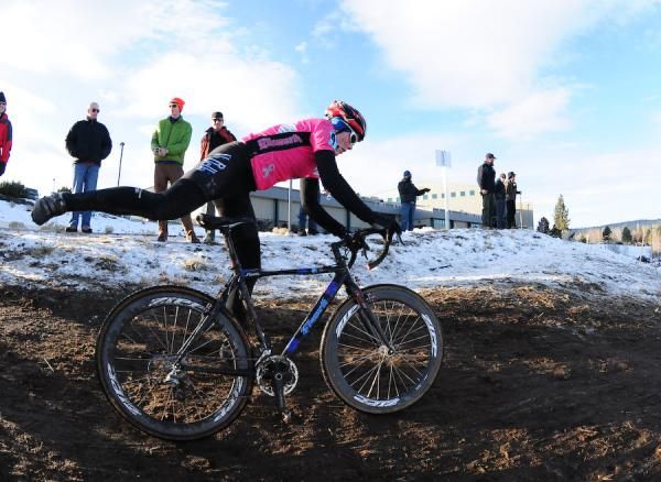 Kari Studley (Velo Bella) re-mounting her bike.
