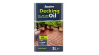 A five liter can of Barrettine all-in-one decking oil
