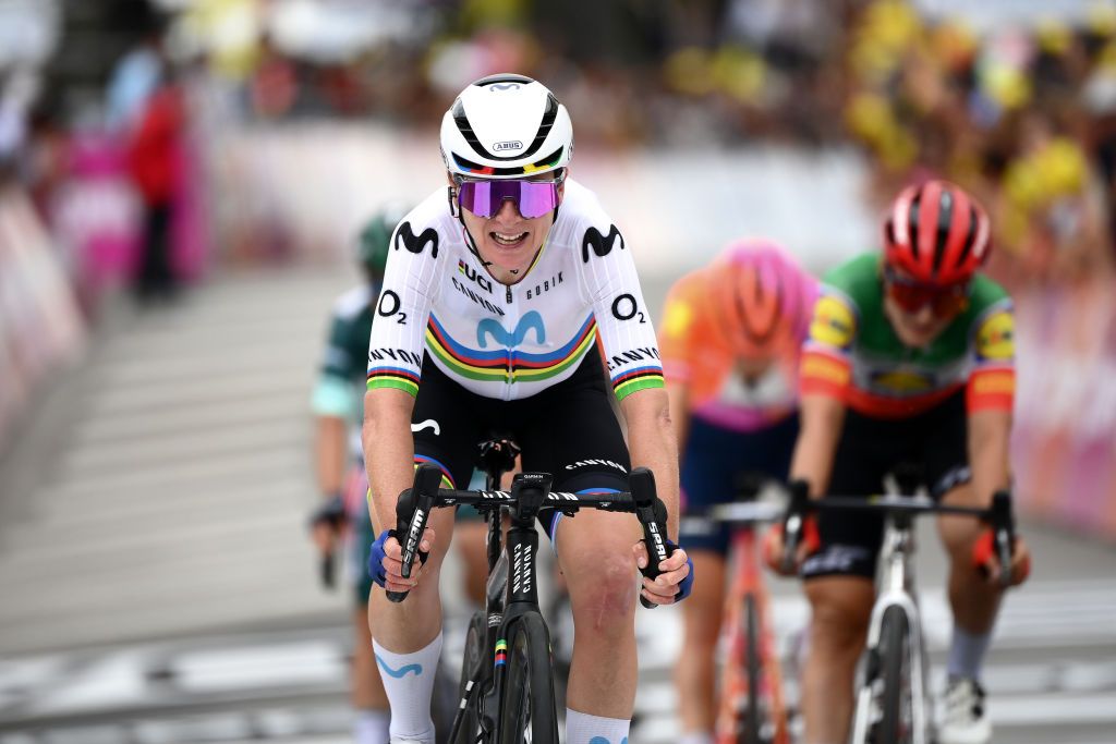 RODEZ FRANCE JULY 26 Annemiek Van Vleuten of The Netherlands and Movistar Team crosses the finish line during the 2nd Tour de France Femmes 2023 Stage 4 a 1771km stage from Cahors to Rodez 572m UCIWWT on July 26 2023 in Rodez France Photo by Alex BroadwayGetty Images
