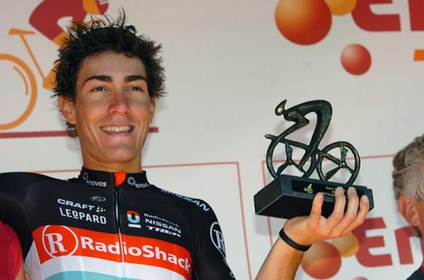 Giacomo Nizzolo (RadioShack-Nissan) with his trophy for victory in stage 5 at the Eneco Tour.