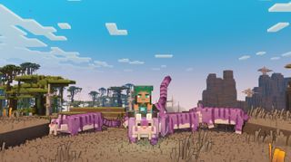 Minecraft Legends - a player rides on a purple Regal Tiger surrounded by other tigers in a savanah
