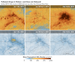 Another map shows the sharp decline in emissions over Wuhan, the city that was the epicenter of the viral outbreak.
